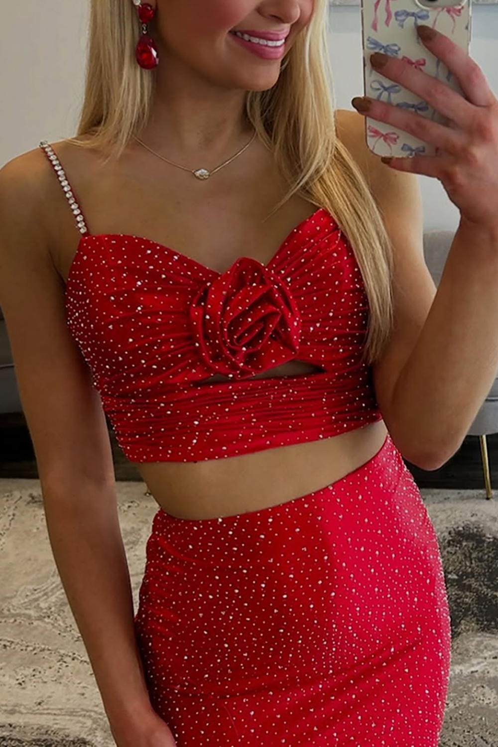 Sparkly Beaded Red Mermaid 2 Piece Long Prom Dress with 3D Flower