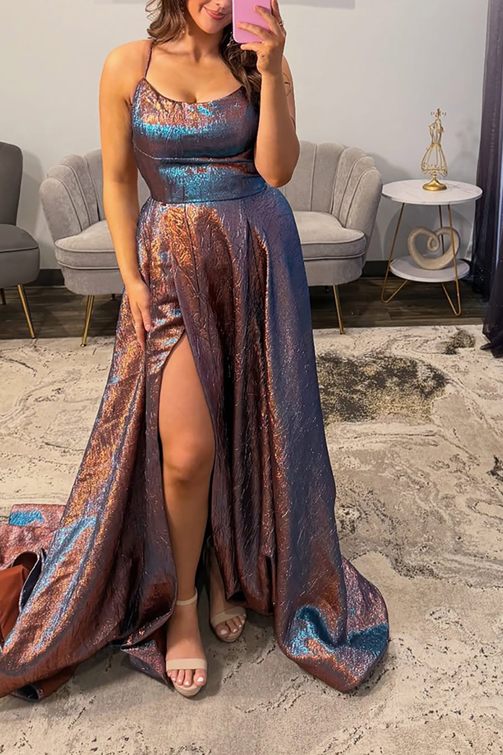 Blue Halter Ball Gown Long Prom Dress with Slit