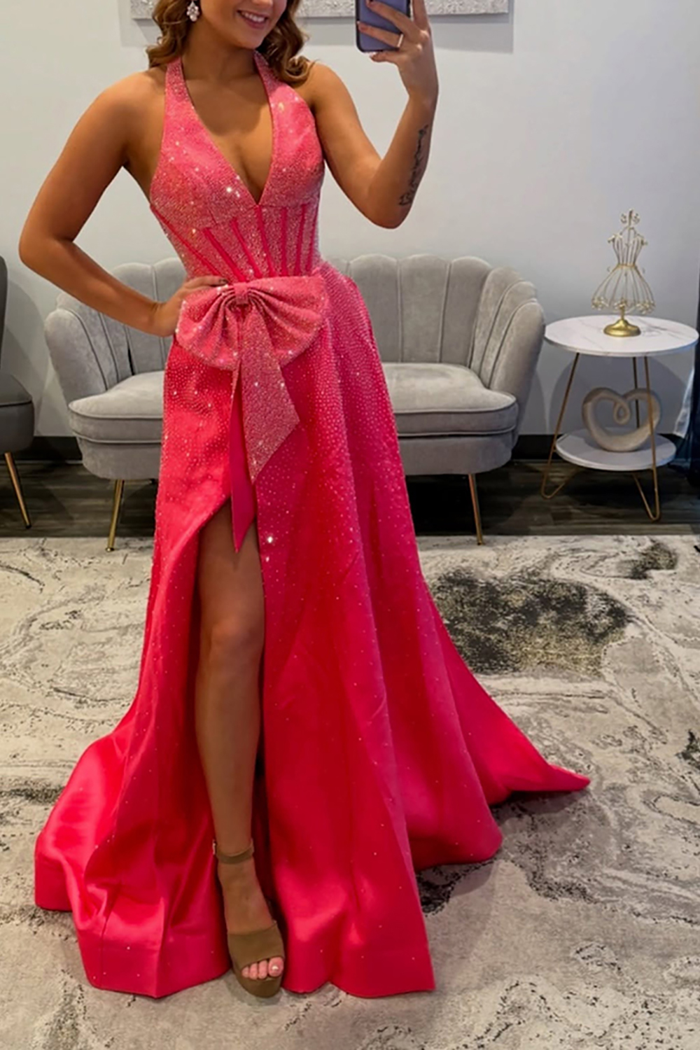 Sparkly Halter Corset Coral Beaded Long Prom Dress with Bow