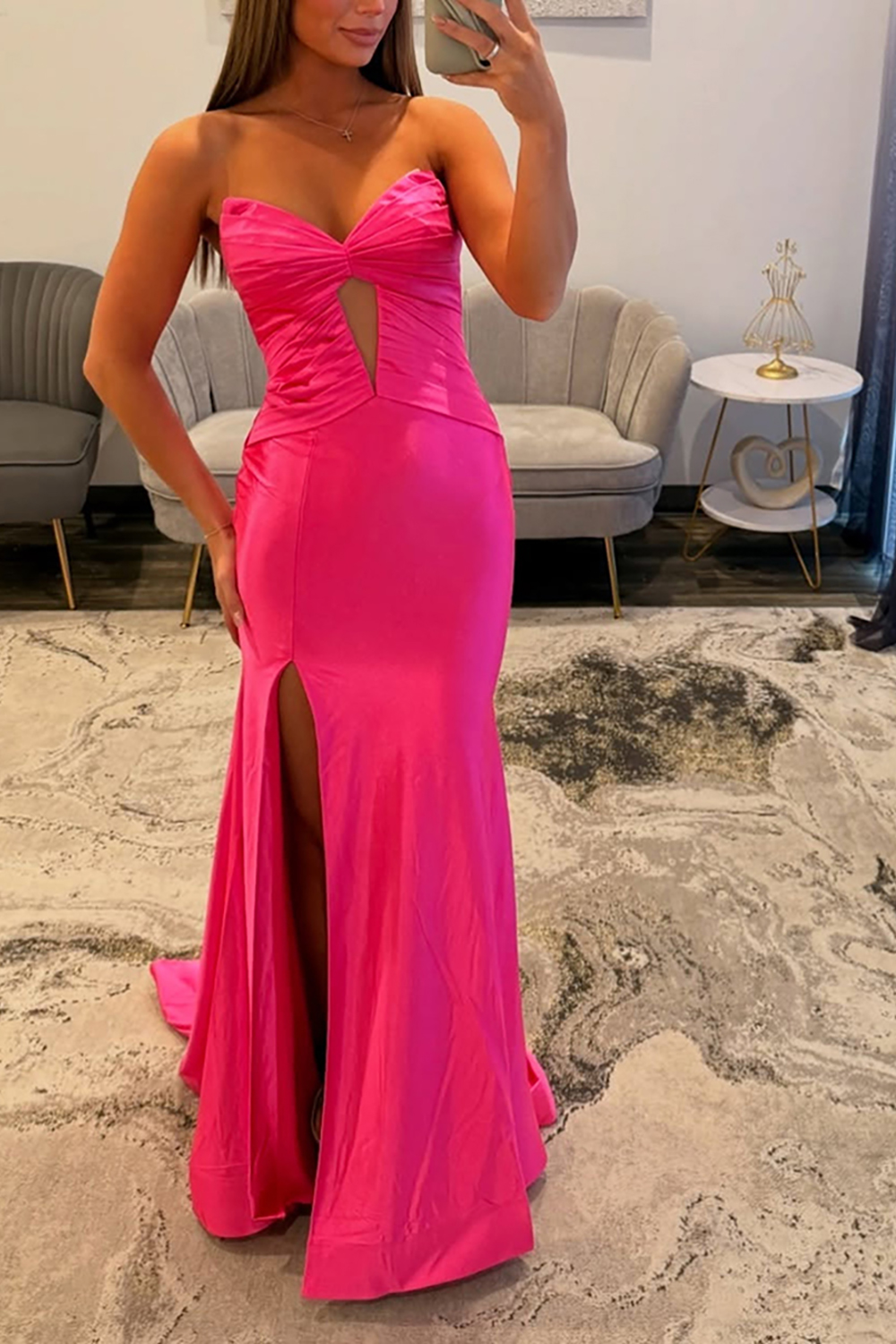 Fuchsia Satin Keyhole Mermaid Long Prom Dress with Slit