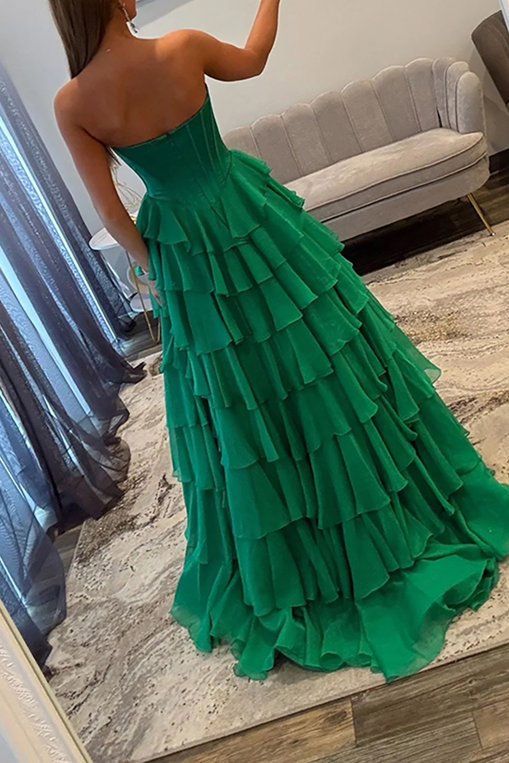 Corset Ball Gown Mint Chiffon Sweetheart Ruffled Long Prom Dress with Slit