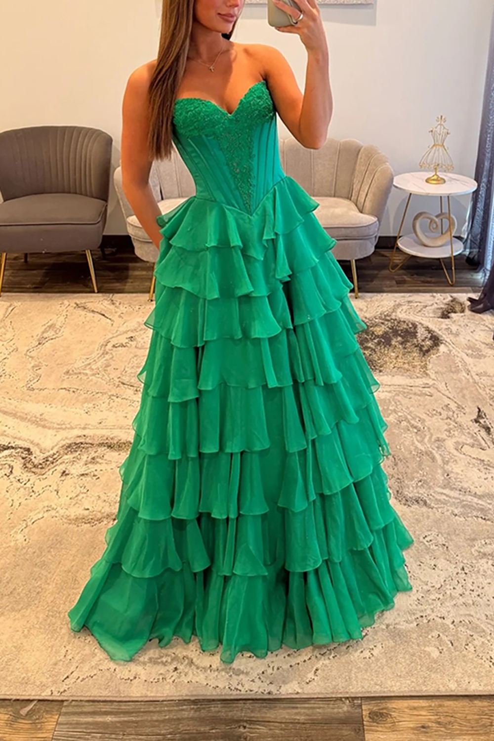 Corset Ball Gown Mint Chiffon Sweetheart Ruffled Long Prom Dress with Slit