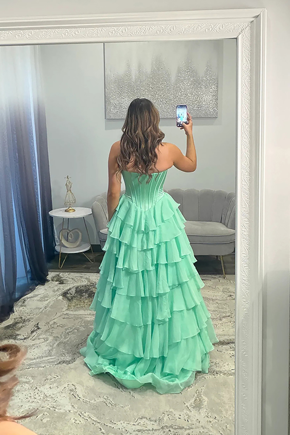 Corset Ball Gown Mint Chiffon Sweetheart Ruffled Long Prom Dress with Slit