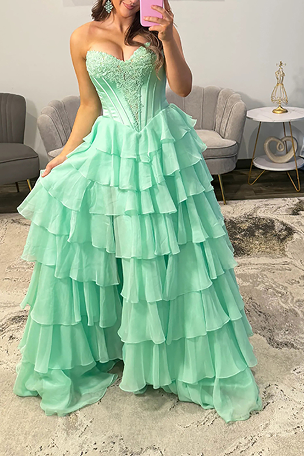 Corset Ball Gown Mint Chiffon Sweetheart Ruffled Long Prom Dress with Slit