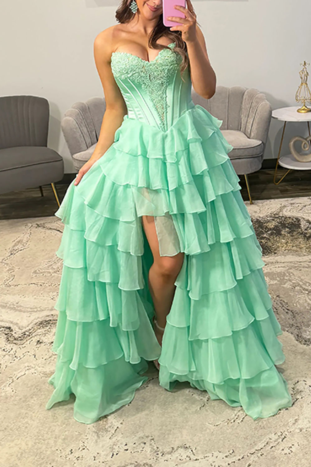 Corset Ball Gown Mint Chiffon Sweetheart Ruffled Long Prom Dress with Slit