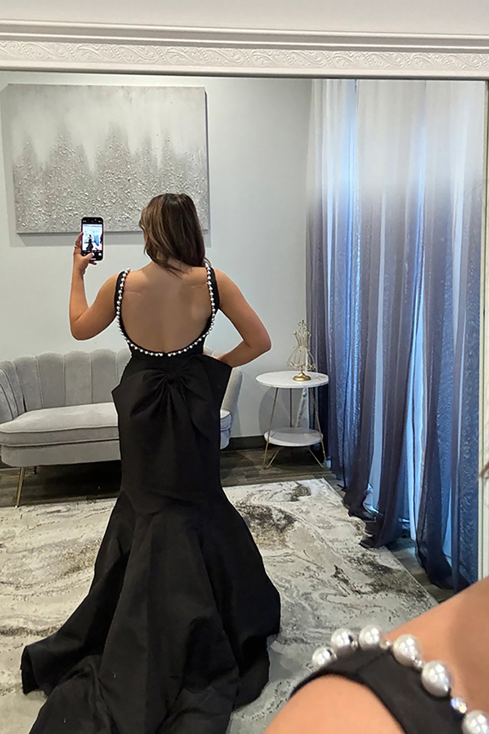 Sparkly Black Mermaid Corset Long Prom Dress with Pearls