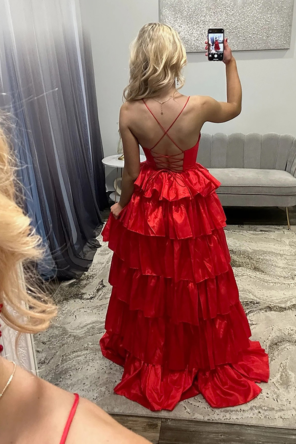 Red Ruffled A Line Spaghetti Straps Long Prom Dress with Slit