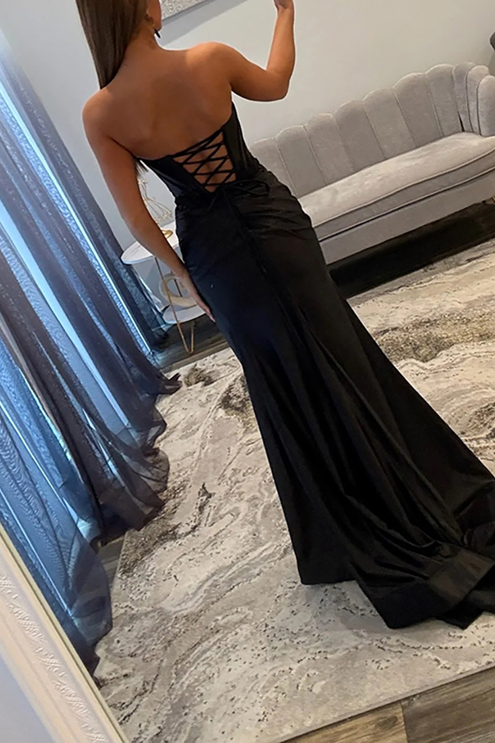 Satin Black Corset Sweetheart Mermaid Long Prom Dress with Slit