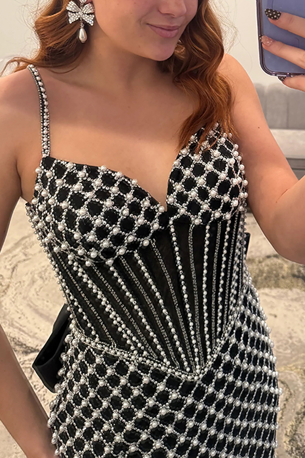 Sparkly Black Mermaid Corset Long Prom Dress with Pearls