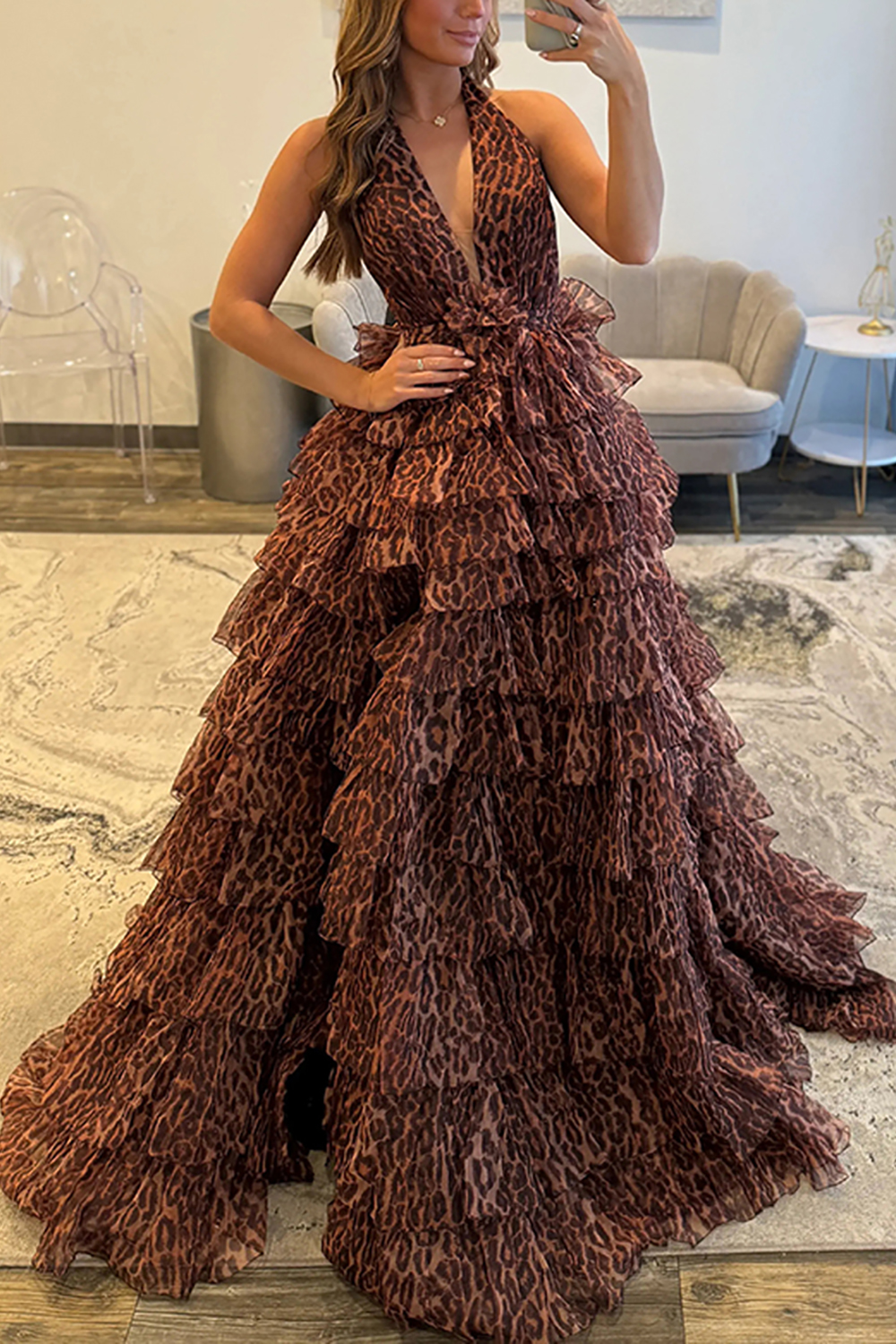 Brown Leopard Ball Gown Halter Ruffled Long Prom Dress