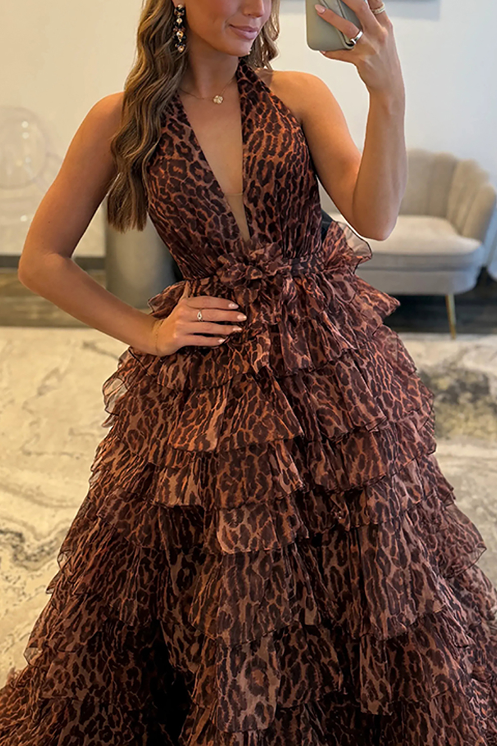 Brown Leopard Ball Gown Halter Ruffled Long Prom Dress