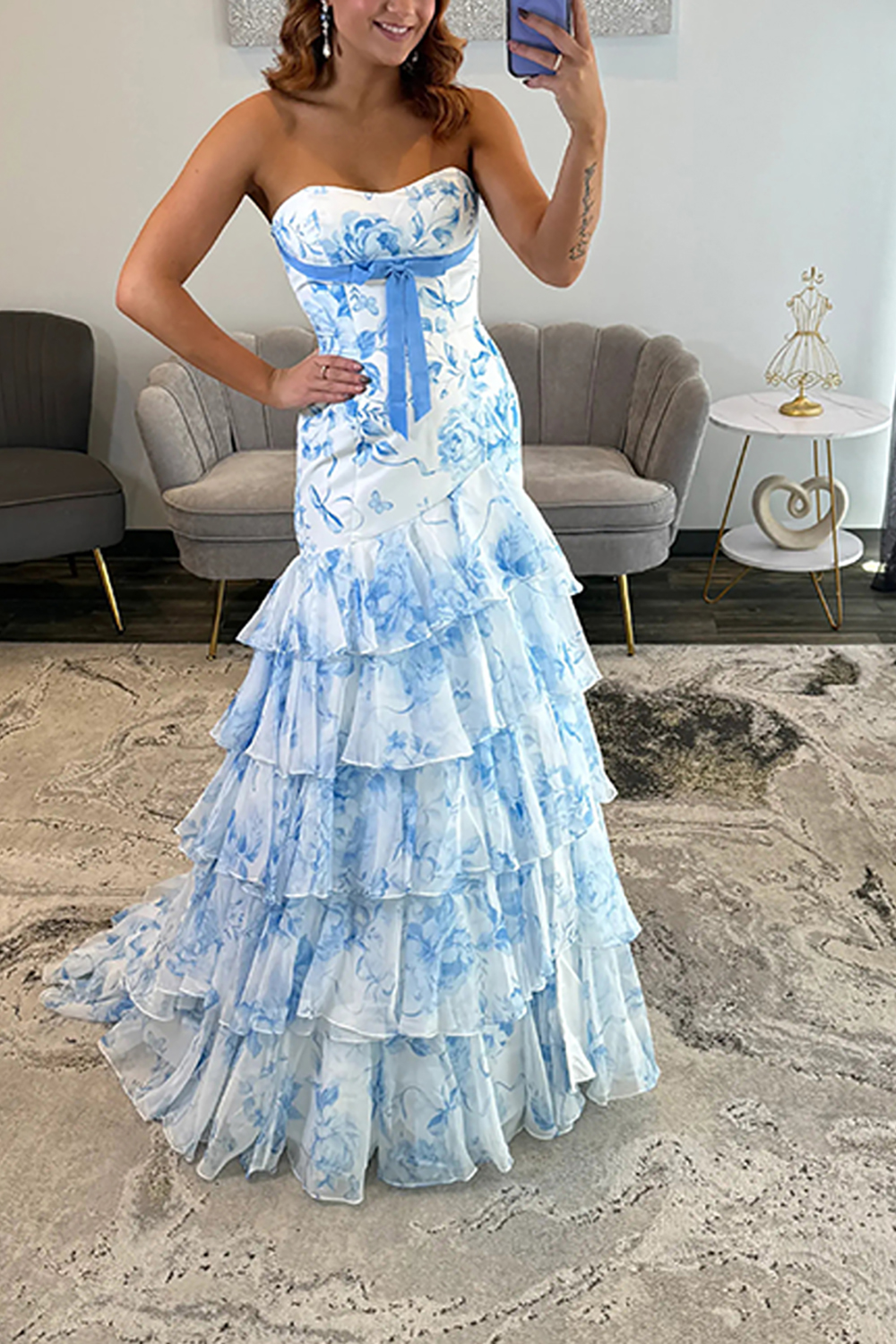 Blue Flower Sweetheart A Line Ruffled Long Prom Dress with Bow