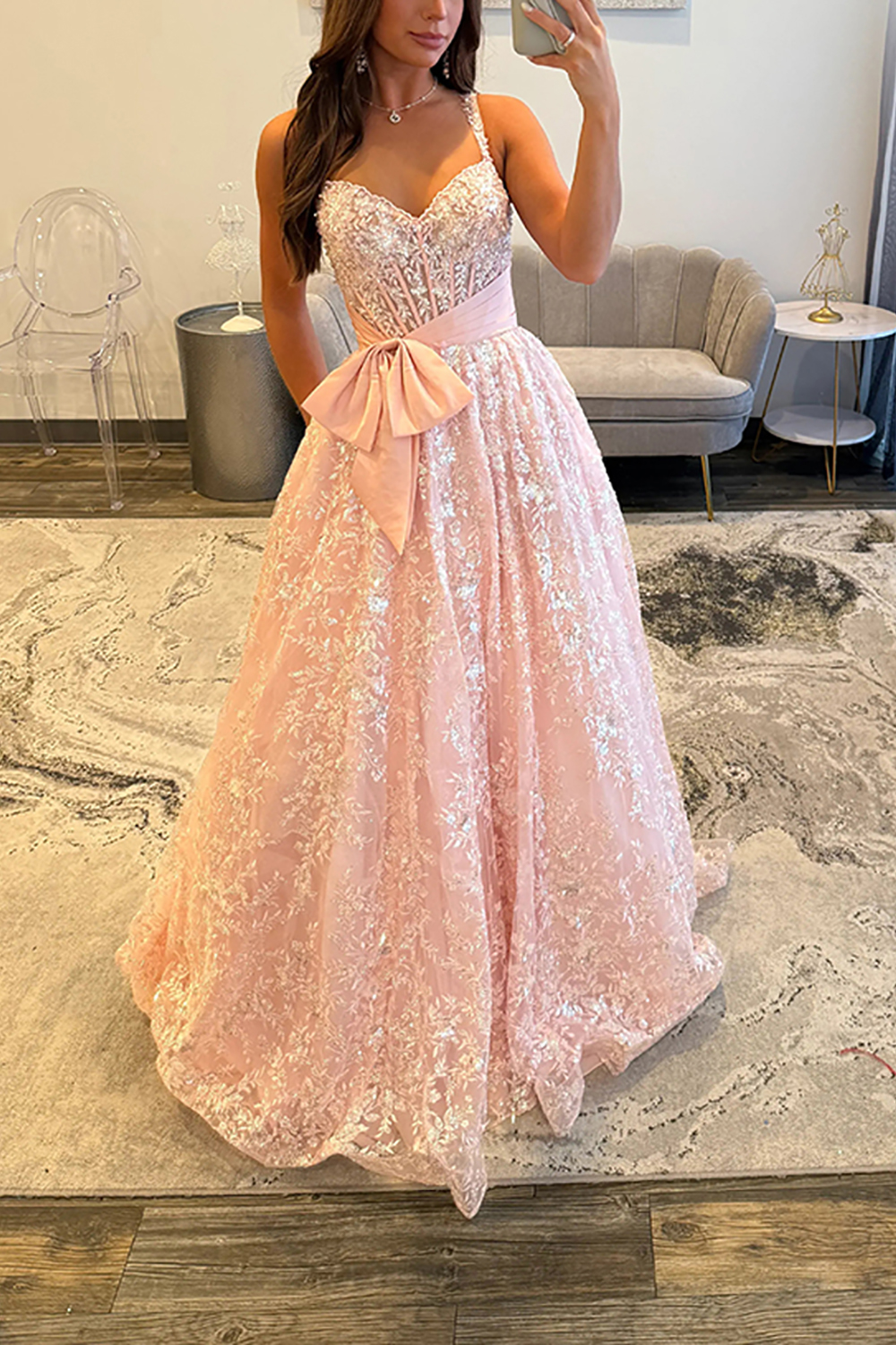 Sparkly Pink Corset A Line Lace Long Prom Dress with Bow