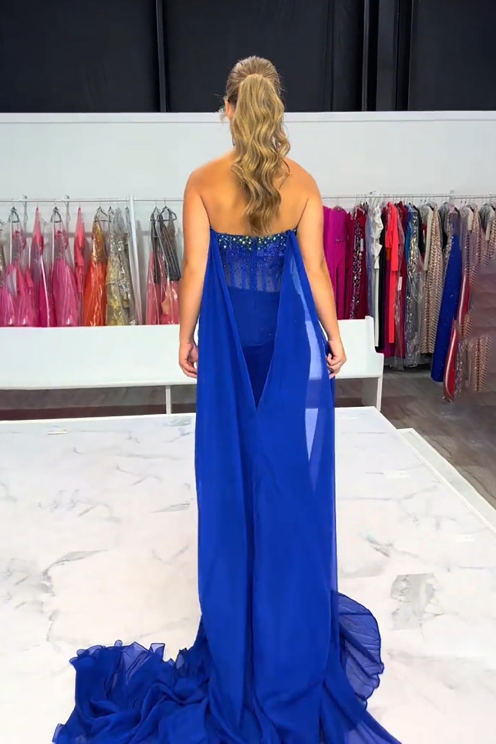 Sparkly Royal Blue Mermaid Beaded Long Corset Prom Dress with Slit