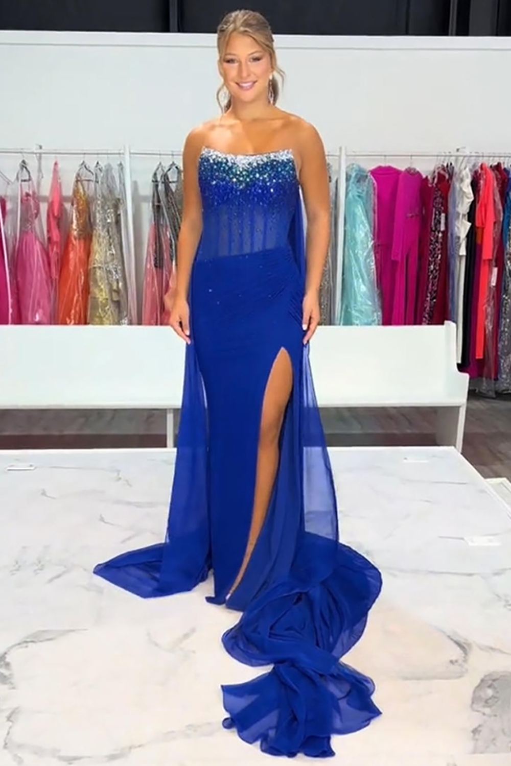 Sparkly Royal Blue Mermaid Beaded Long Corset Prom Dress with Slit