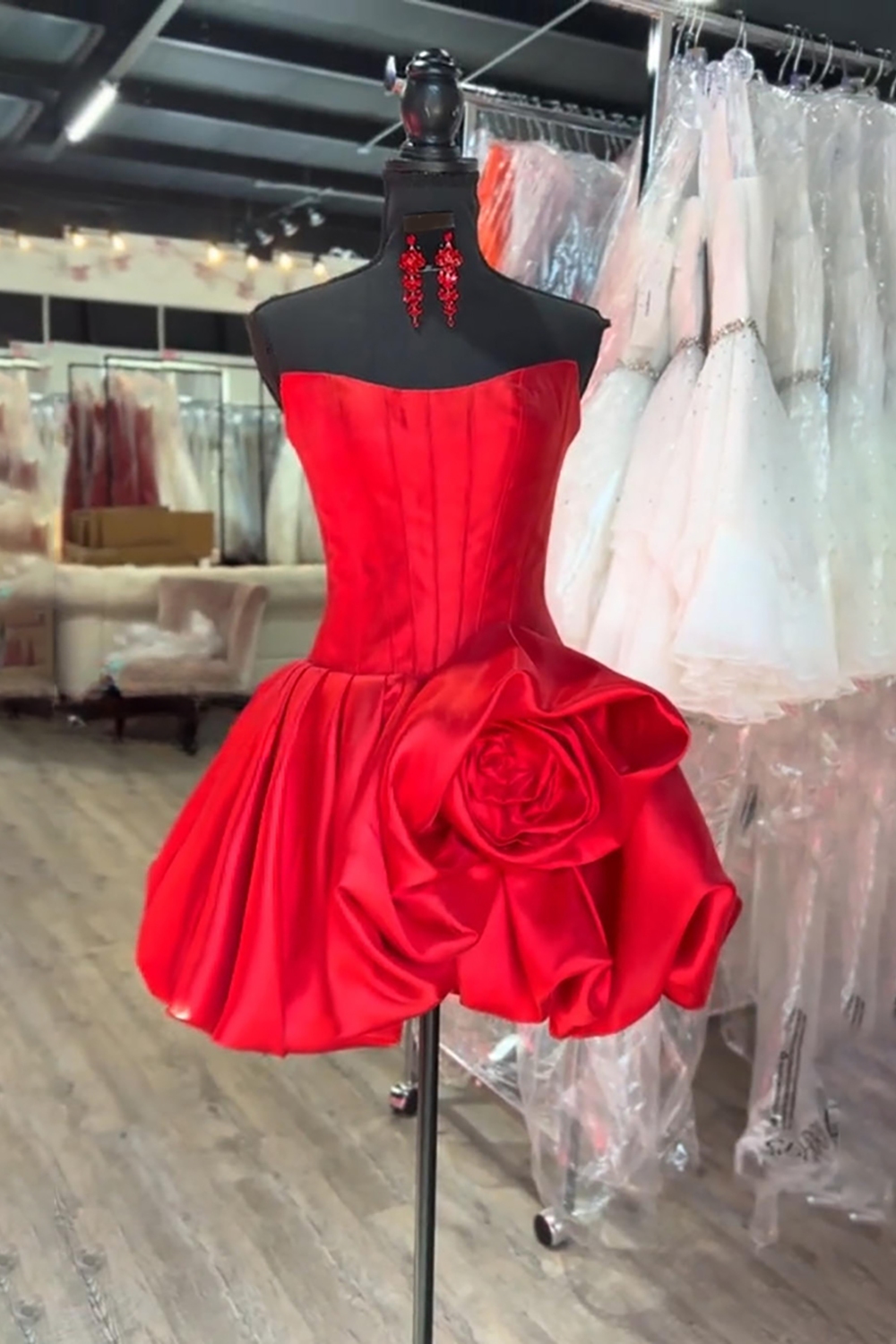 Red Corset A Line Strapless Short Homecoming Dress with 3D Flower