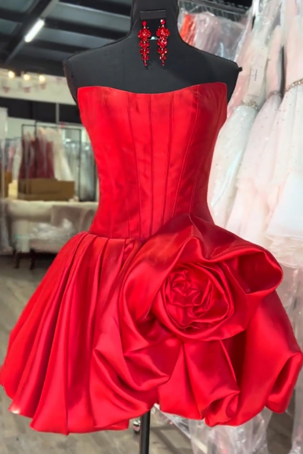 Red Corset A Line Strapless Short Homecoming Dress with 3D Flower