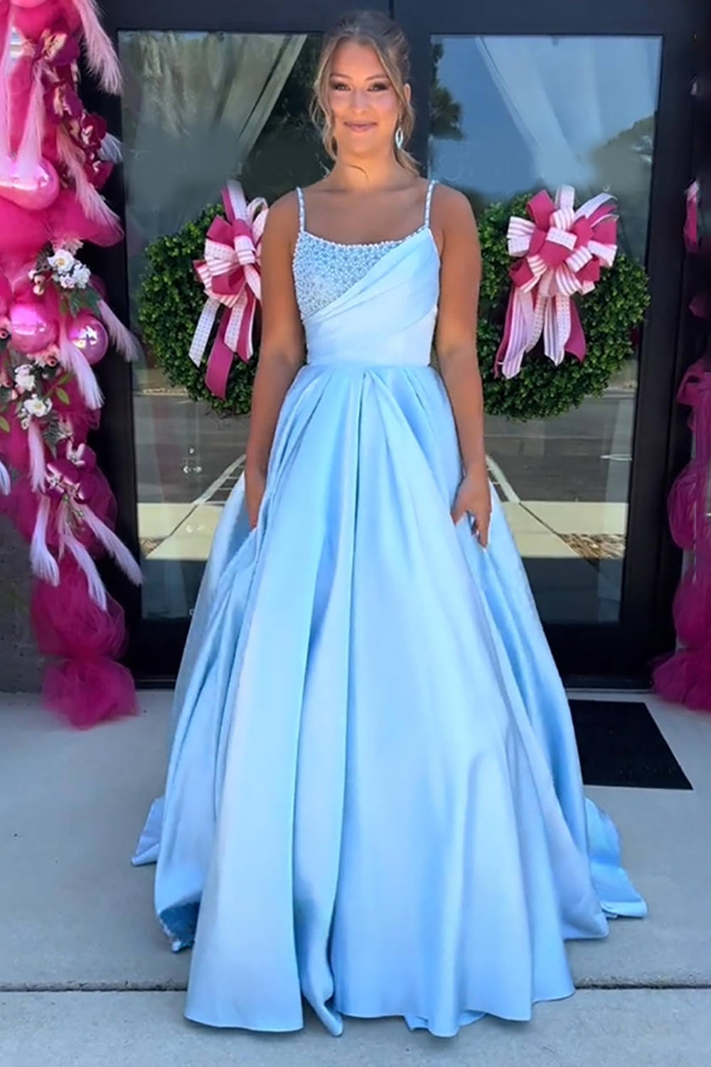 Sparkly Blue Spaghetti Straps A Line Satin Long Prom Dress with Beading