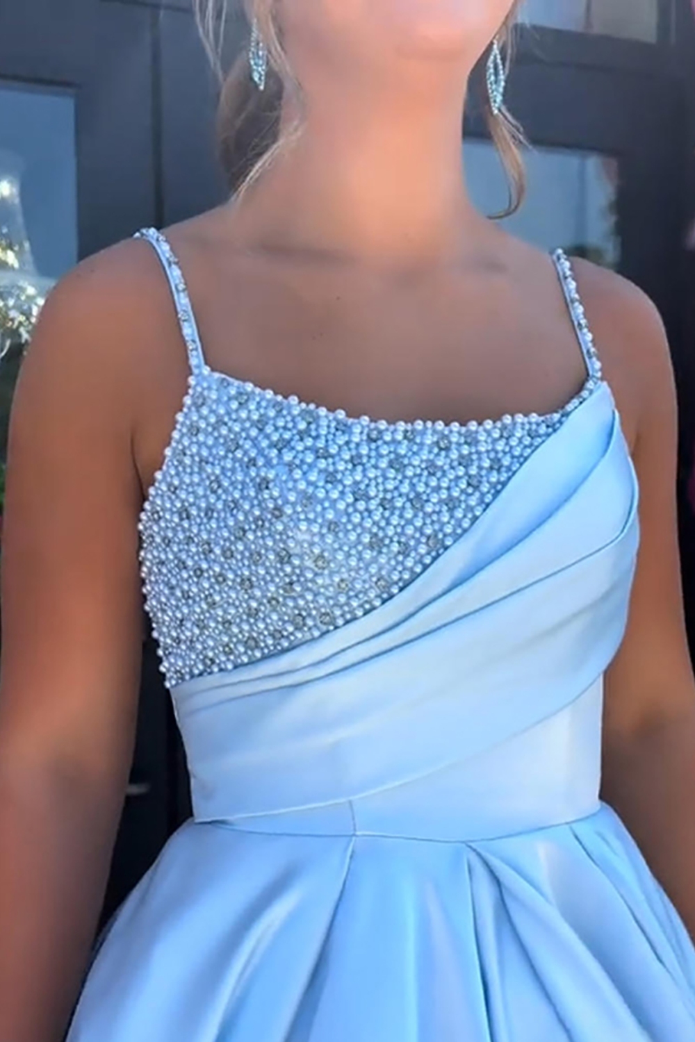 Sparkly Blue Spaghetti Straps A Line Satin Long Prom Dress with Beading