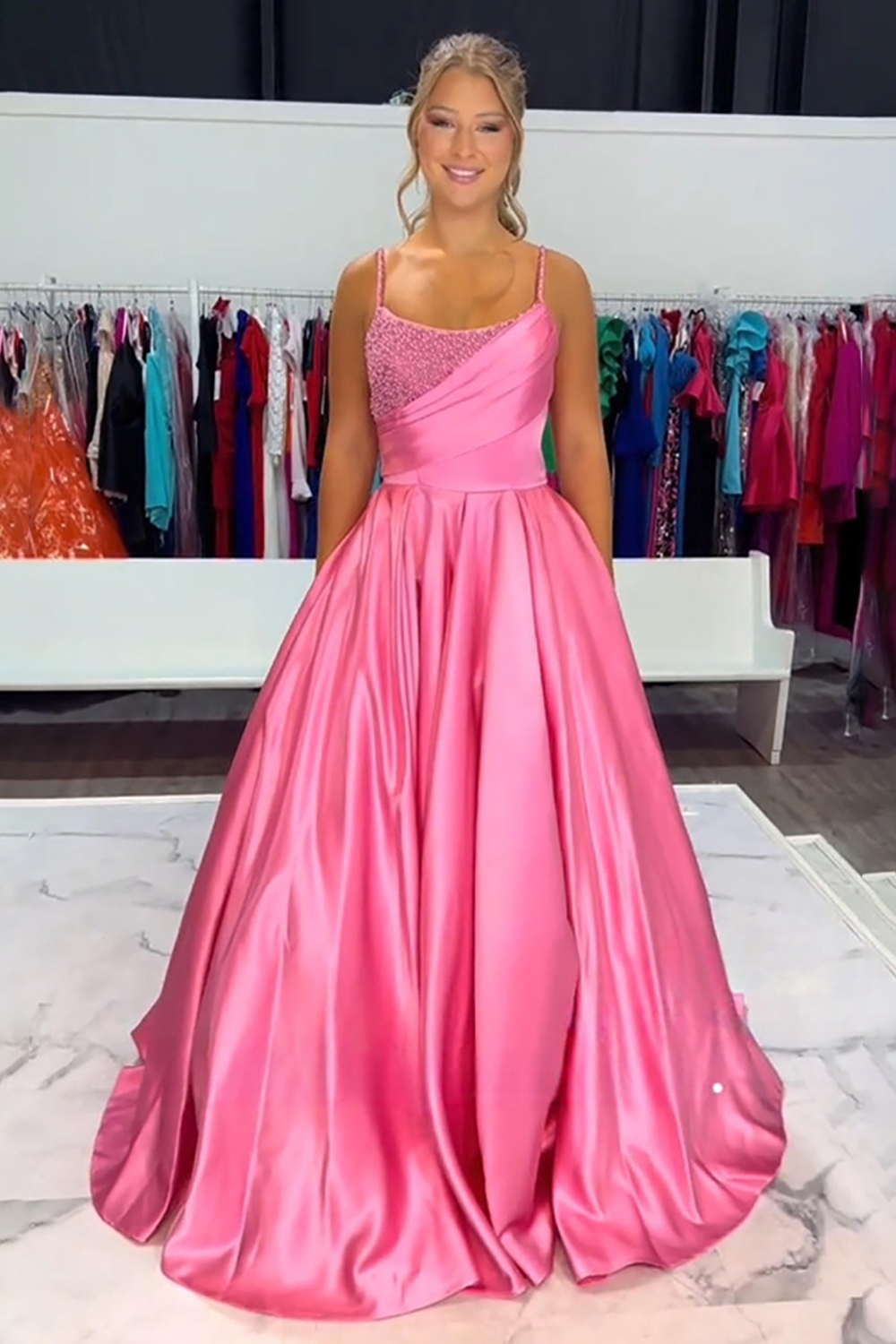 Sparkly Blue Spaghetti Straps A Line Satin Long Prom Dress with Beading