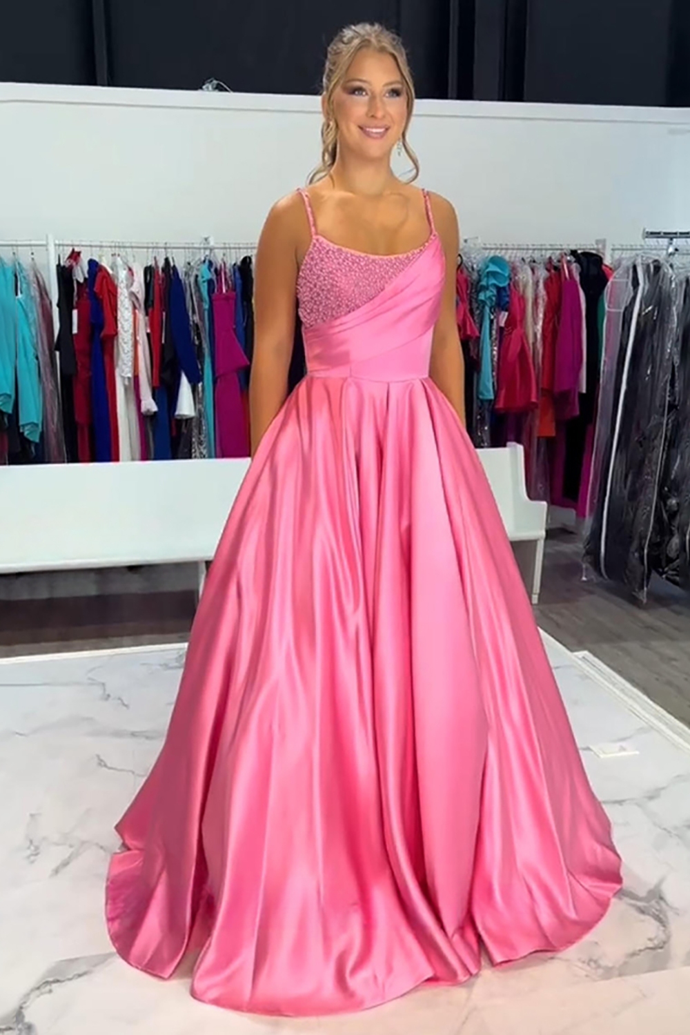 Sparkly Blue Spaghetti Straps A Line Satin Long Prom Dress with Beading