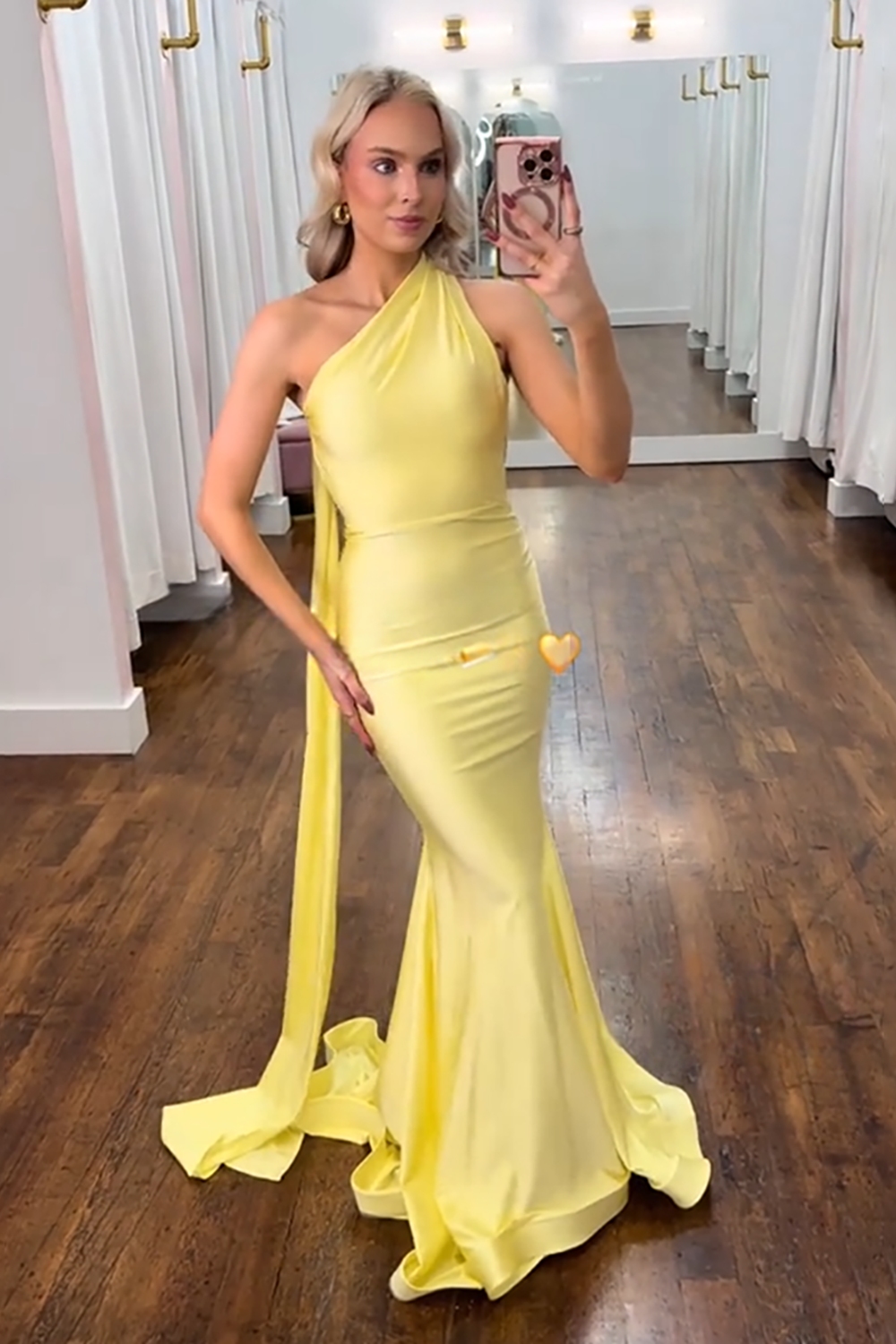 Yellow Satin Mermaid One Shoulder Long Prom Dress with Streamer