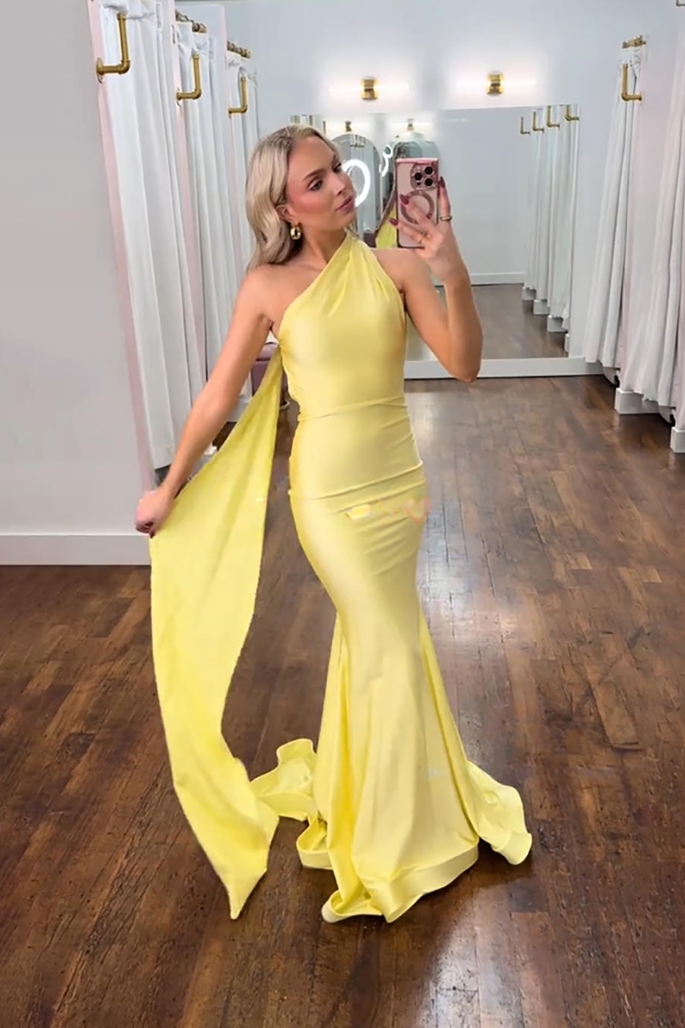 Yellow Satin Mermaid One Shoulder Long Prom Dress with Streamer