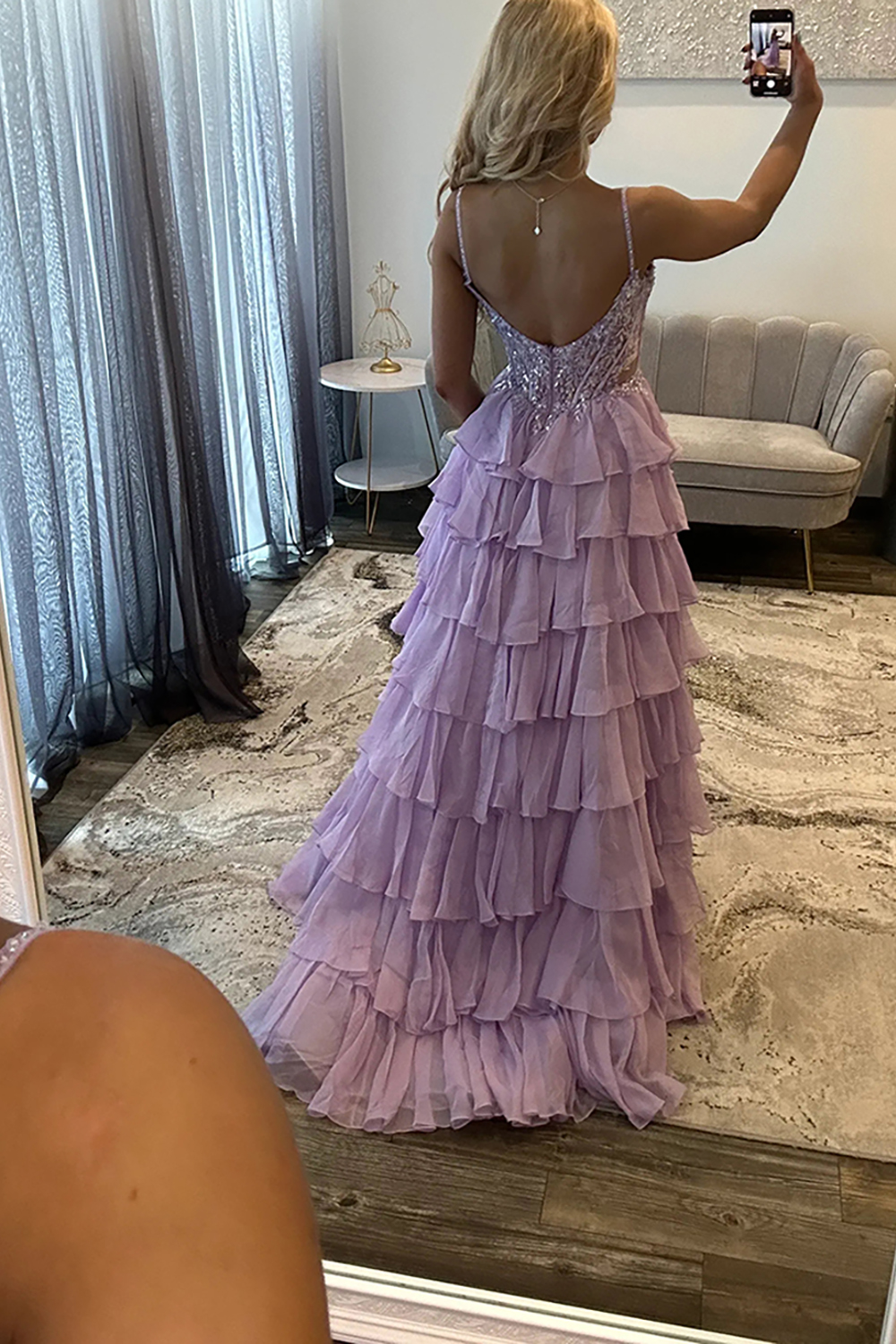 Sparkly Sequins Ruffled Chiffon Lilac Corset Long Prom Dress with Slit