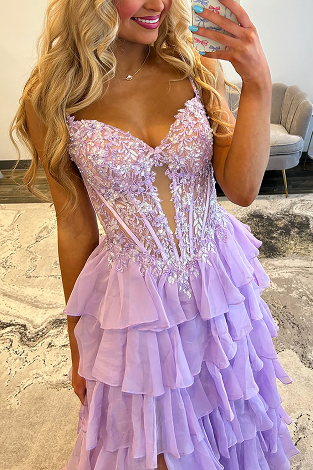 Sparkly Sequins Ruffled Chiffon Lilac Corset Long Prom Dress with Slit