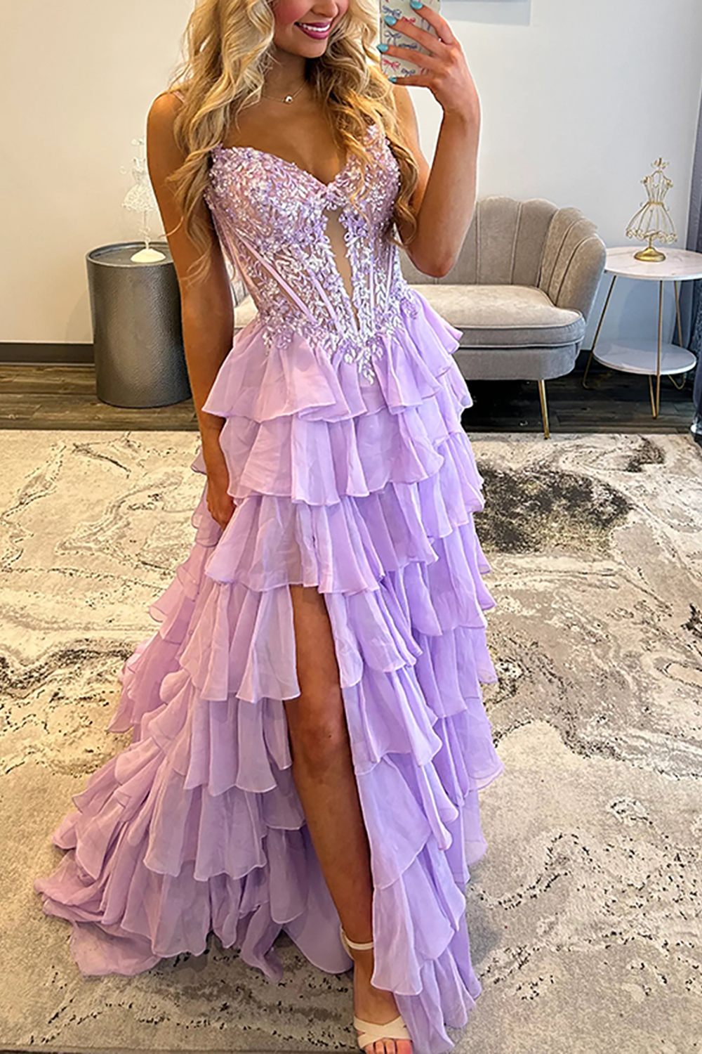 Sparkly Sequins Ruffled Chiffon Lilac Corset Long Prom Dress with Slit
