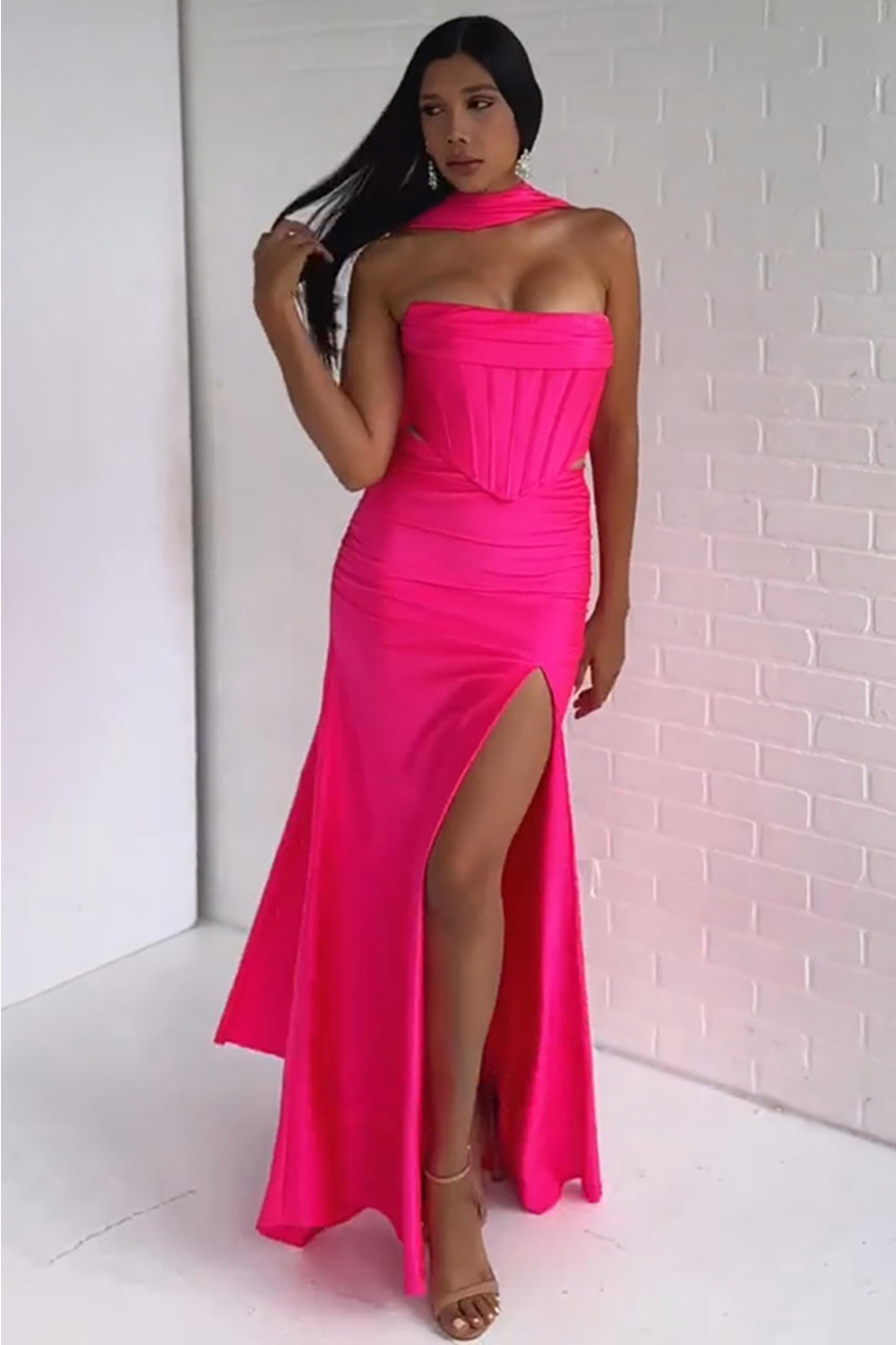 Fuchsia Mermaid Neck Scarf Corset Satin Long Prom Dress with Slit