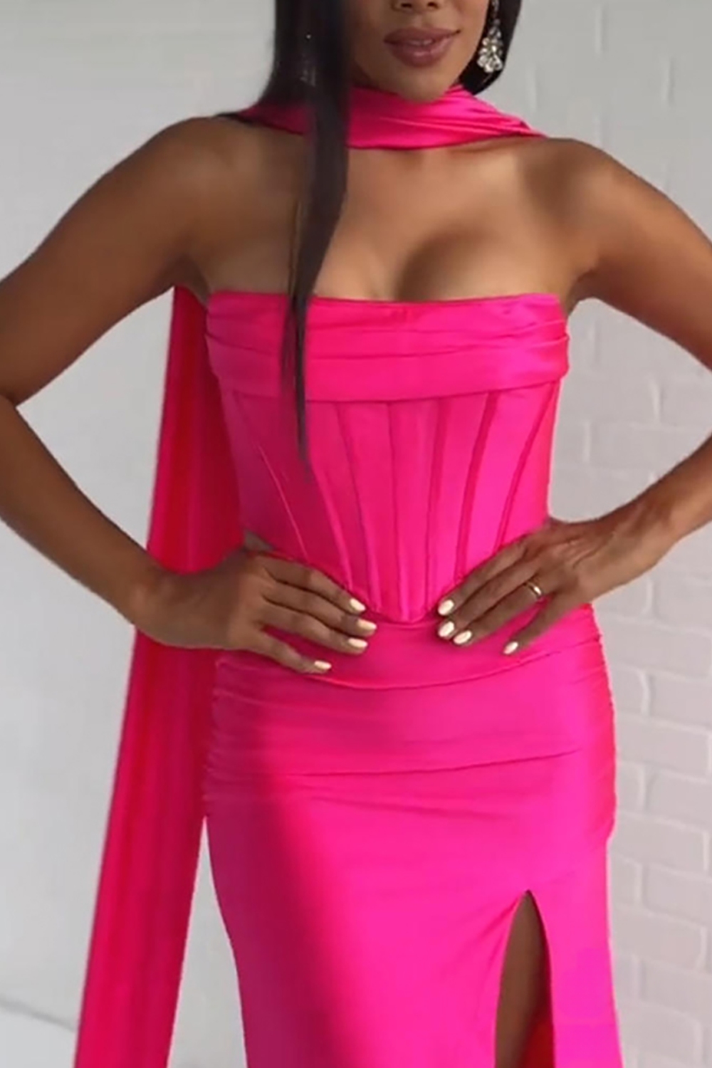 Fuchsia Mermaid Neck Scarf Corset Satin Long Prom Dress with Slit