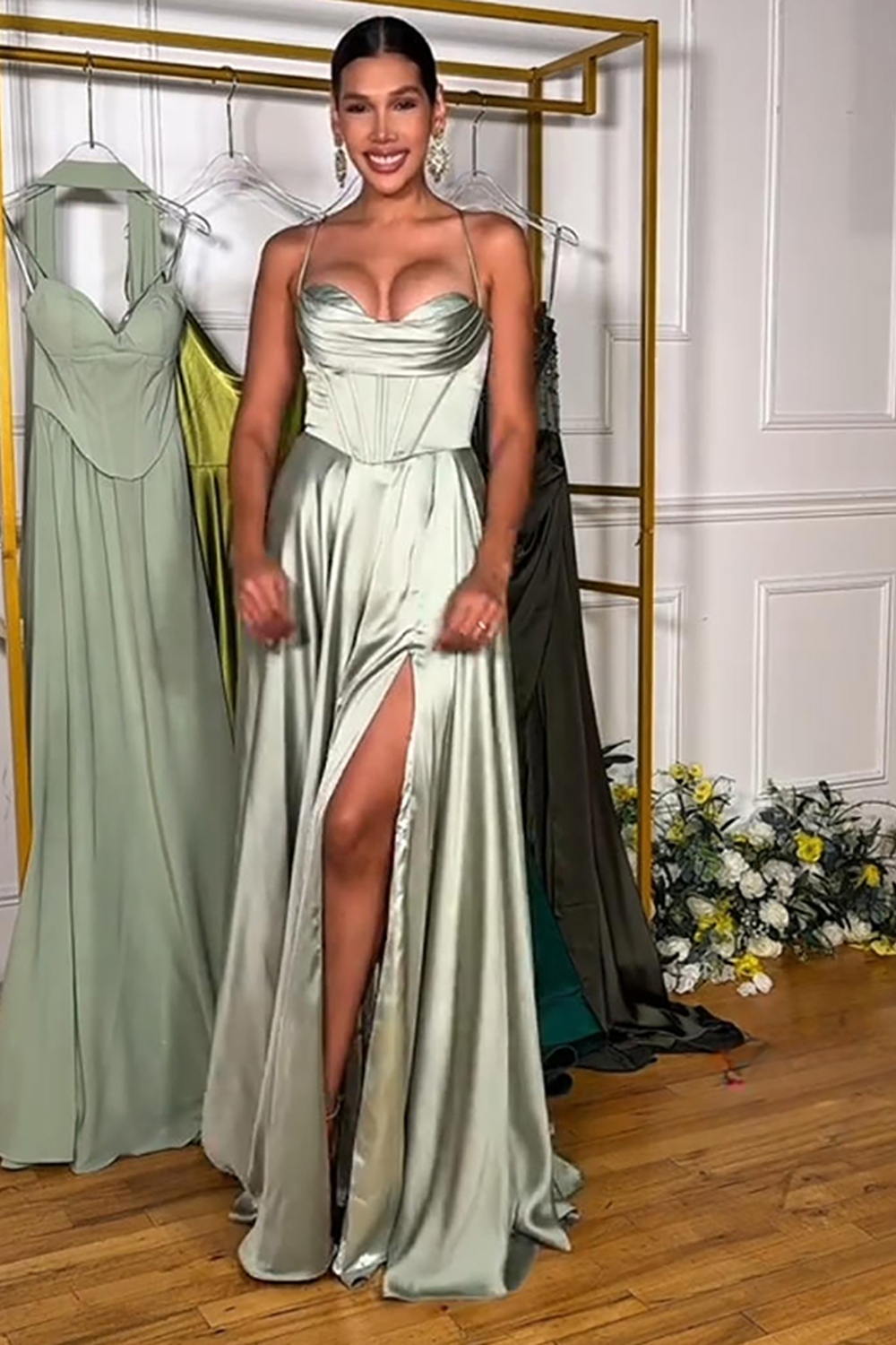 Light Green A Line Corset Spaghetti Straps Satin Long Prom Dress with Slit