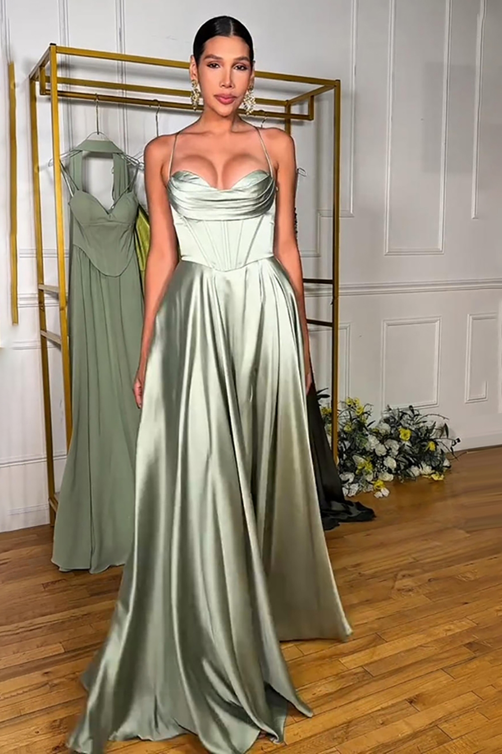 Light Green A Line Corset Spaghetti Straps Satin Long Prom Dress with Slit