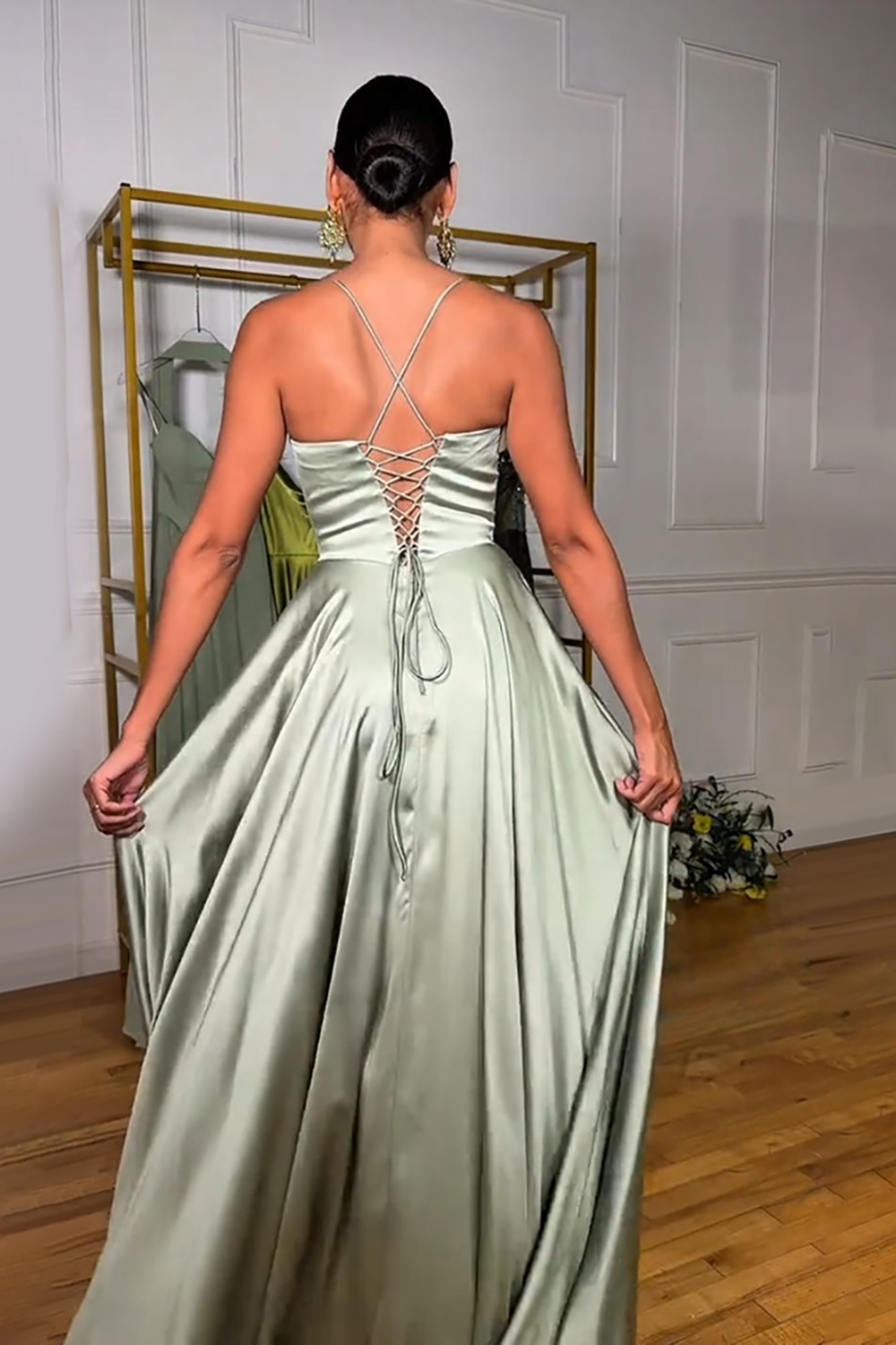Light Green A Line Corset Spaghetti Straps Satin Long Prom Dress with Slit