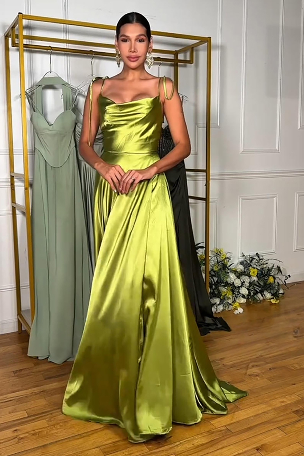 Green A Line Spaghetti Straps Satin Long Prom Dress