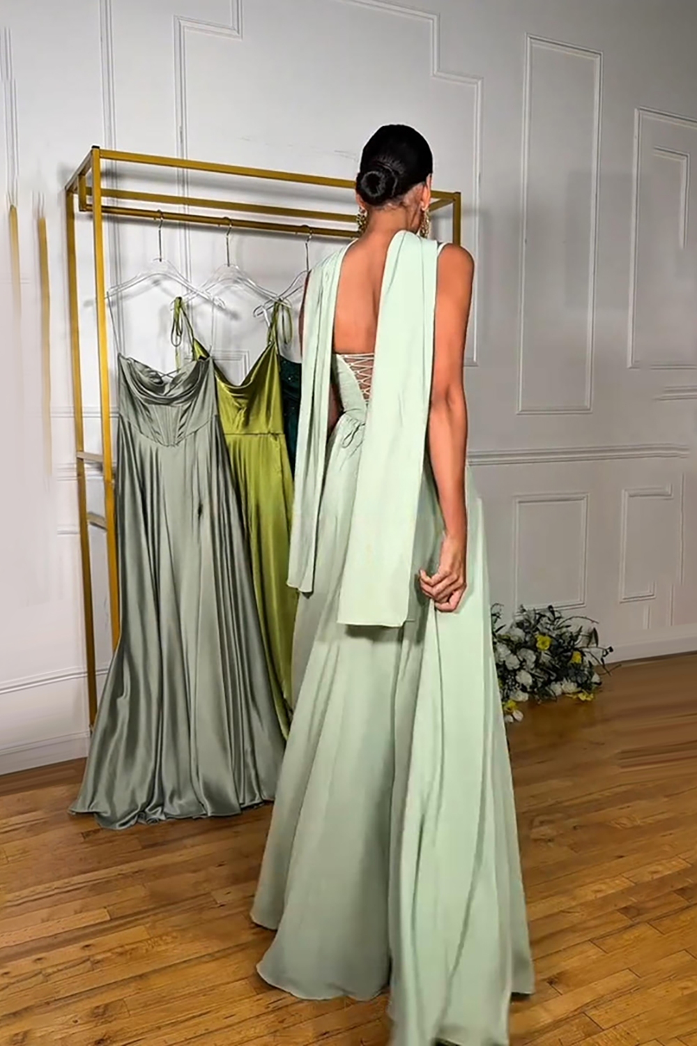 Light Green Satin A Line Corset Neck Scarf Spaghetti Straps Long Prom Dress