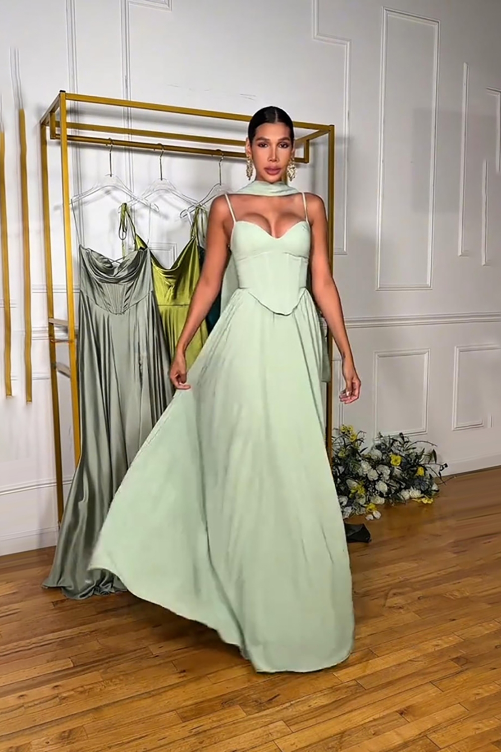 Light Green Satin A Line Corset Neck Scarf Spaghetti Straps Long Prom Dress