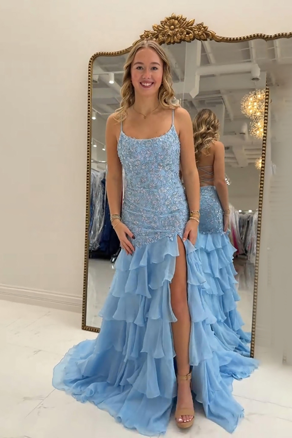 Blue Tiered Spaghetti Straps Mermaid Ruffled Floral Long Prom Dress with Slit