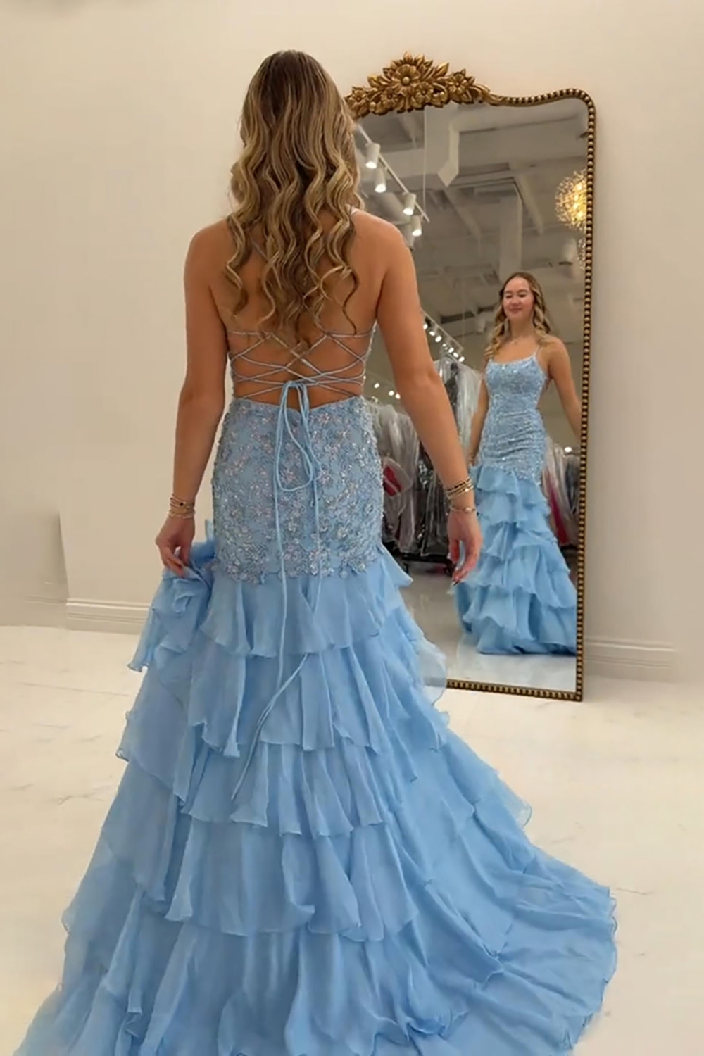 Blue Tiered Spaghetti Straps Mermaid Ruffled Floral Long Prom Dress with Slit