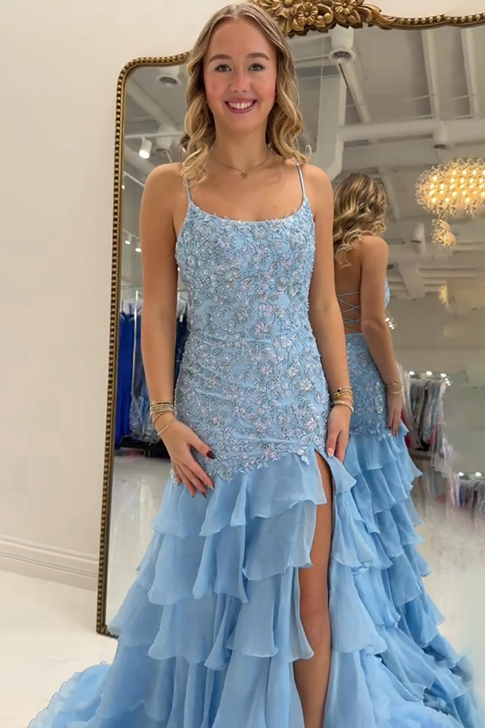 Blue Tiered Spaghetti Straps Mermaid Ruffled Floral Long Prom Dress with Slit