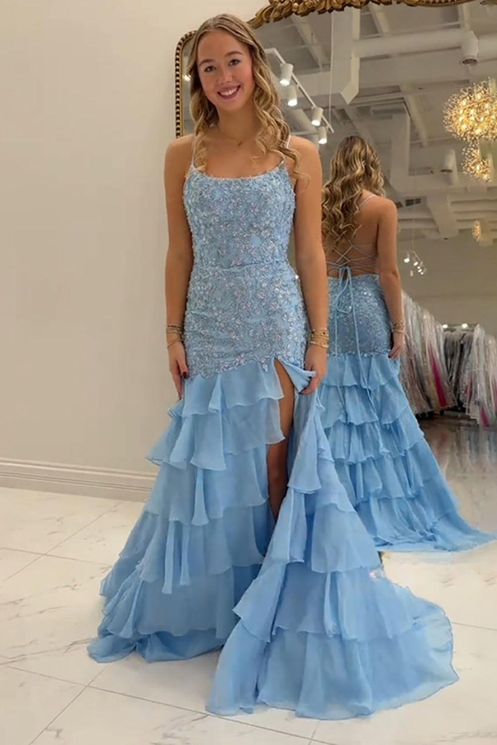 Blue Tiered Spaghetti Straps Mermaid Ruffled Floral Long Prom Dress with Slit