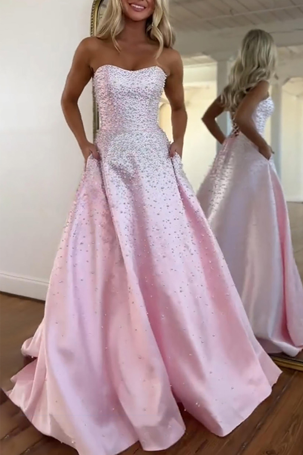 Sparkly Pink A Line Beaded Strapless Corset Long Prom Dress with Pockets