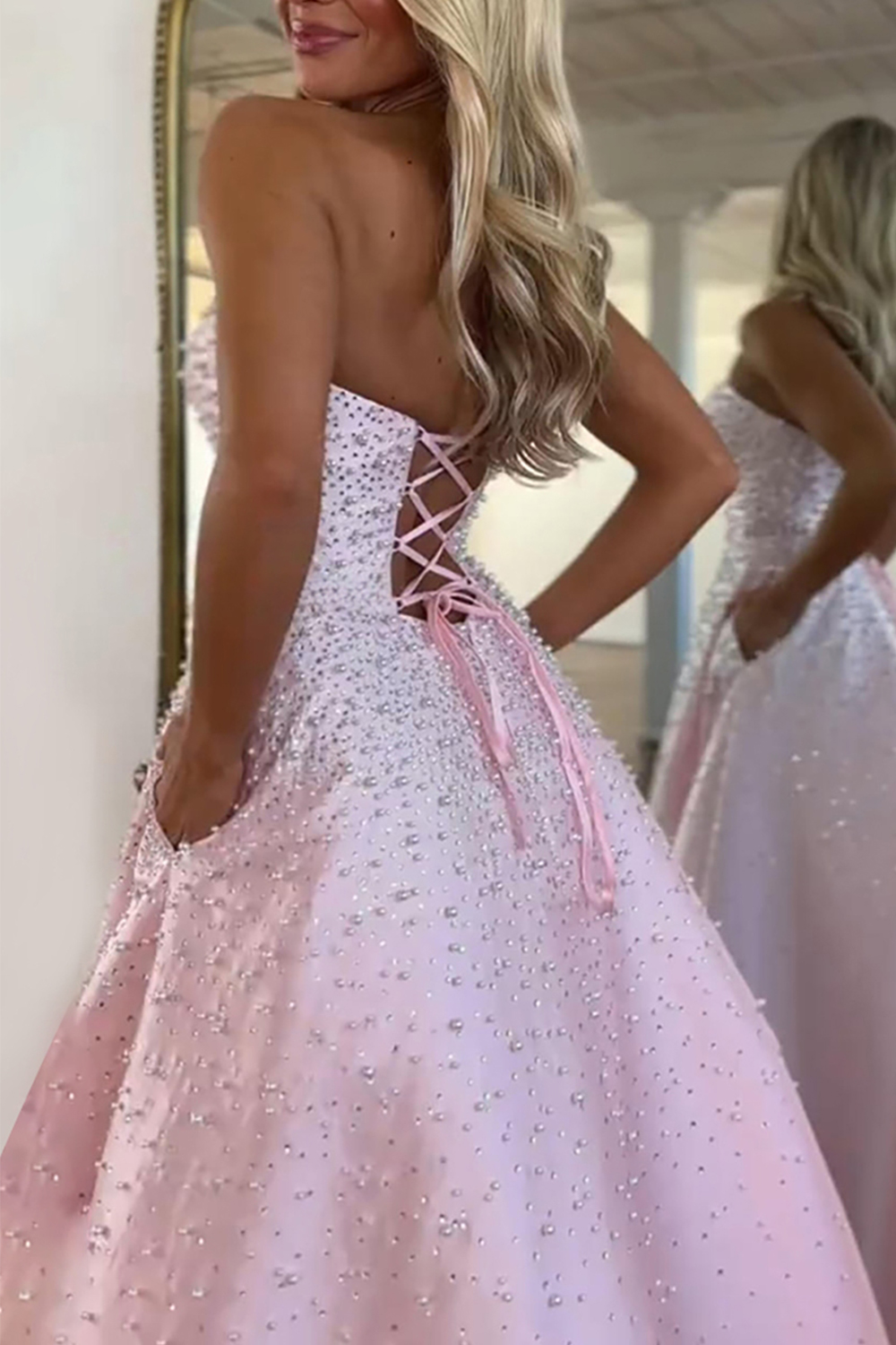 Sparkly Pink A Line Beaded Strapless Corset Long Prom Dress with Pockets