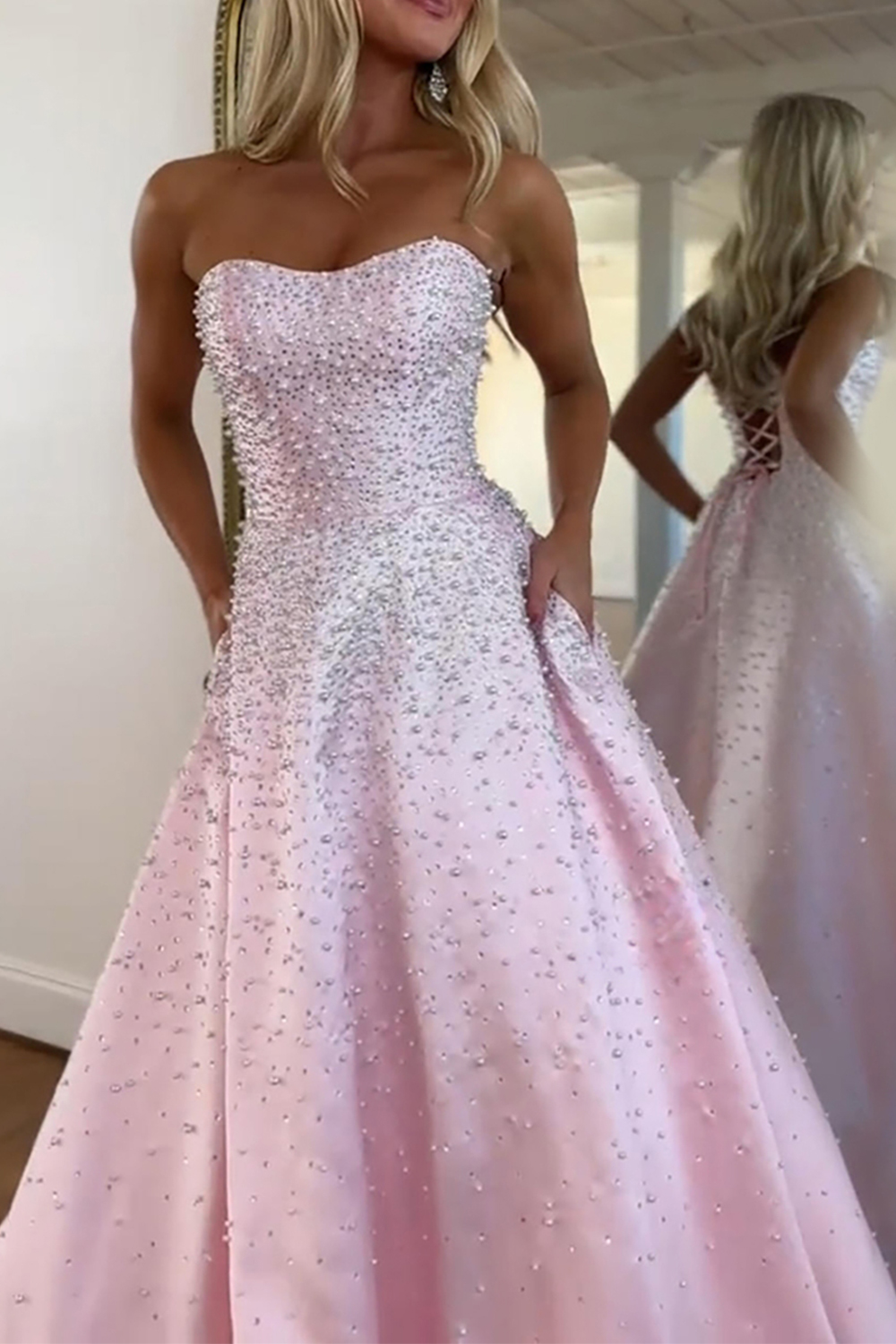 Sparkly Pink A Line Beaded Strapless Corset Long Prom Dress with Pockets