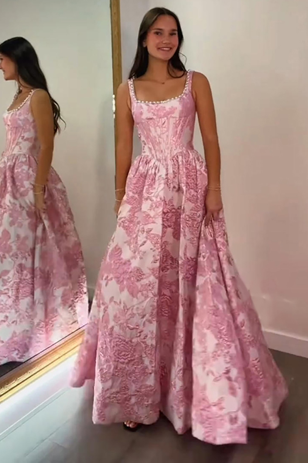 Sparkly Blush Corset Floral A Line Square Neck Long Prom Dress with Pearls