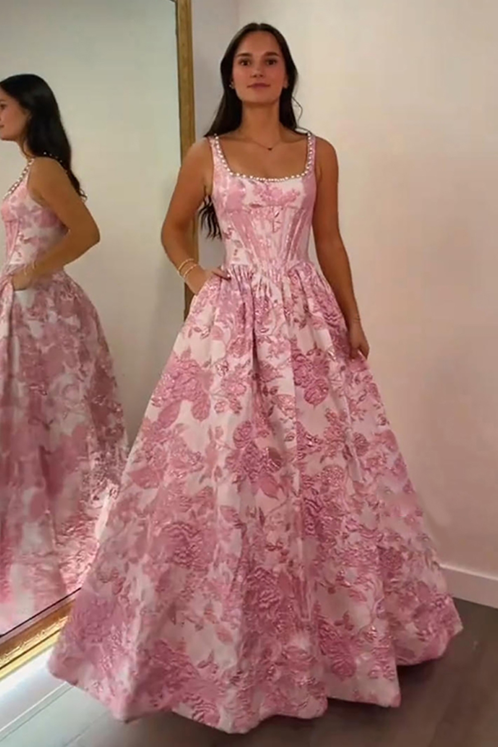 Sparkly Blush Corset Floral A Line Square Neck Long Prom Dress with Pearls
