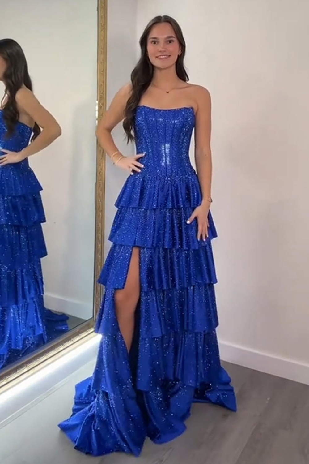 Sparkly Royal Blue Corset A Line Sequin Strapless Tiered Ruffled Long Prom Dress with Slit