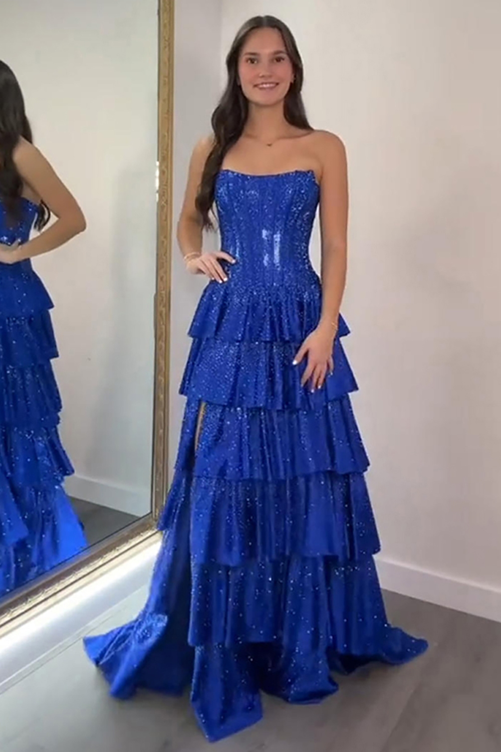 Sparkly Royal Blue Corset A Line Sequin Strapless Tiered Ruffled Long Prom Dress with Slit