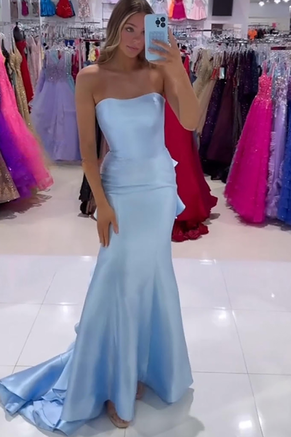 Blue Satin Mermaid Strapless Long Prom Dress with Ruffles